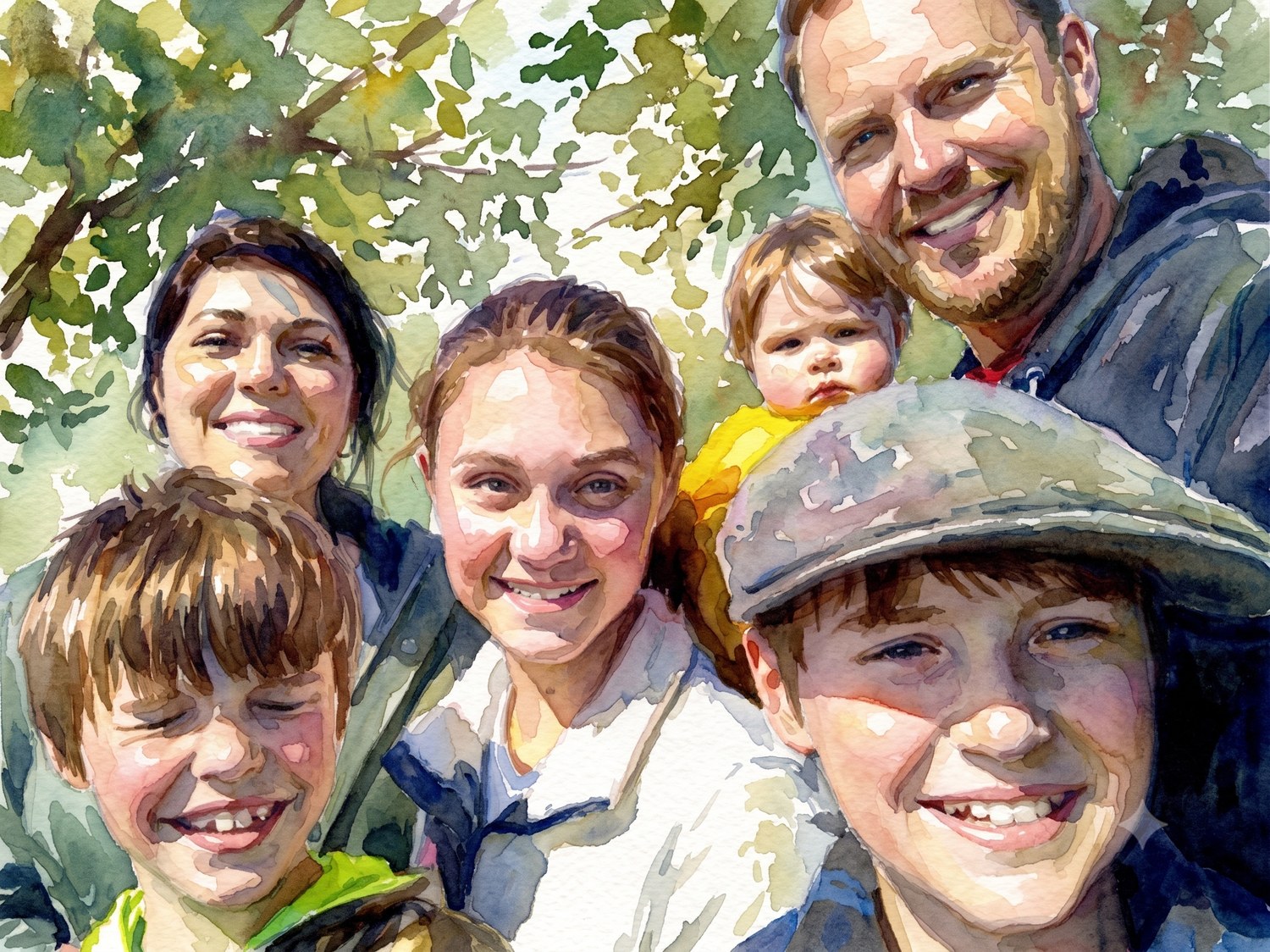 Watercolor portrait of the Runnion family