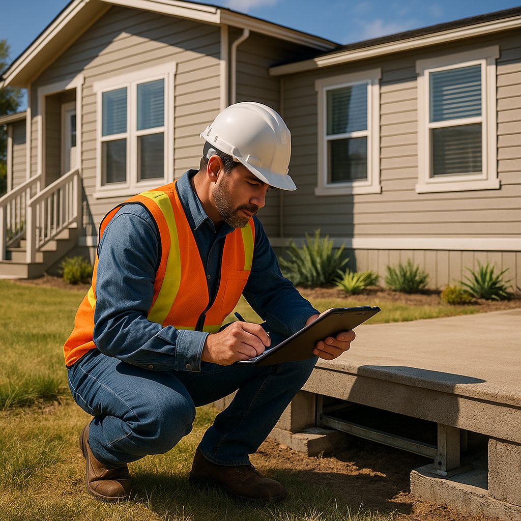 A home inspector documenting a manufactured home foundation