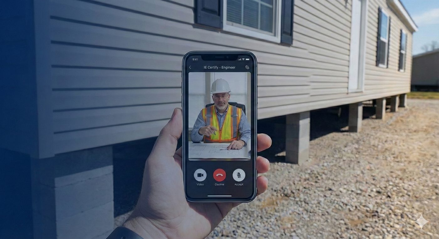 A phone video call with an IECertify engineer inspecting a manufactured home foundation
